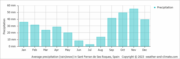 Average monthly rainfall, snow, precipitation in Sant Ferran de Ses Roques, 