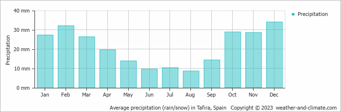 Average monthly rainfall, snow, precipitation in Tafira, Spain