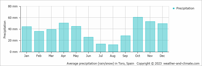 Average monthly rainfall, snow, precipitation in Toro, Spain