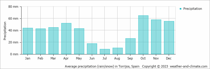 Average monthly rainfall, snow, precipitation in Torrijos, 