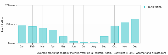 Average monthly rainfall, snow, precipitation in Vejer de la Frontera, Spain