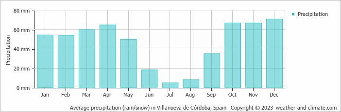 Average precipitation (rain/snow) in Córdoba, Spain   Copyright © 2022  weather-and-climate.com  