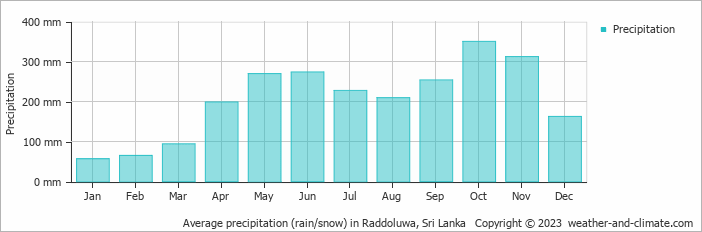 Average monthly rainfall, snow, precipitation in Raddoluwa, Sri Lanka