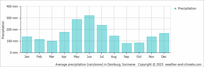 Average monthly rainfall, snow, precipitation in Domburg, Suriname