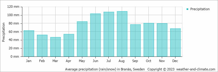 Average monthly rainfall, snow, precipitation in Branäs, 