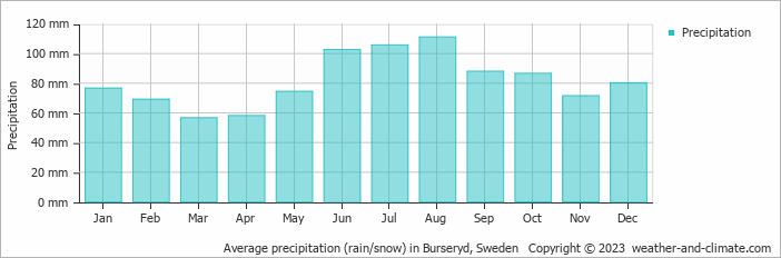 Average monthly rainfall, snow, precipitation in Burseryd, 