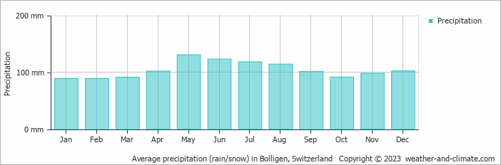 Average monthly rainfall, snow, precipitation in Bolligen, Switzerland