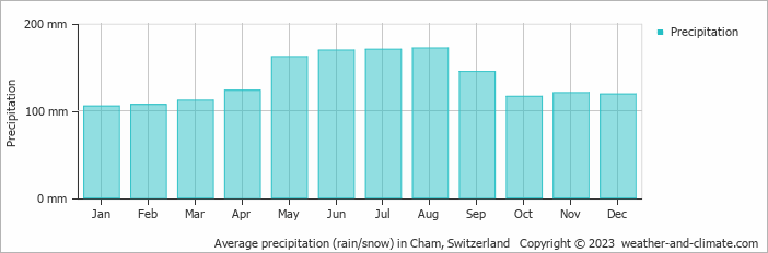 Average monthly rainfall, snow, precipitation in Cham, Switzerland