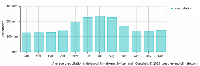 Average monthly rainfall, snow, precipitation in Habkern, Switzerland