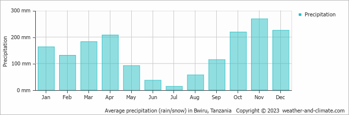 Average monthly rainfall, snow, precipitation in Bwiru, Tanzania