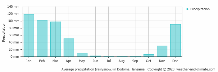 Average monthly rainfall, snow, precipitation in Dodoma, Tanzania