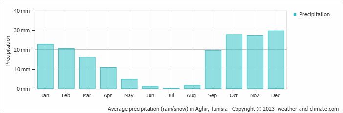 Average monthly rainfall, snow, precipitation in Aghīr, Tunisia