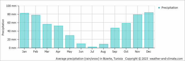 Average monthly rainfall, snow, precipitation in Bizerte, Tunisia