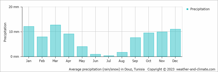 Average monthly rainfall, snow, precipitation in Douz, Tunisia