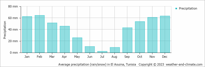Average monthly rainfall, snow, precipitation in El Aouina, Tunisia