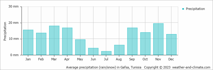 Average monthly rainfall, snow, precipitation in Gafsa, Tunisia