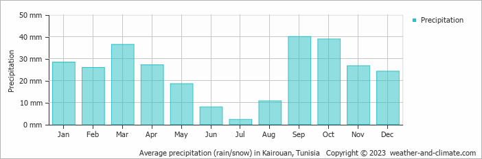 Average monthly rainfall, snow, precipitation in Kairouan, Tunisia