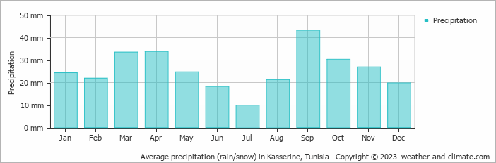 Average monthly rainfall, snow, precipitation in Kasserine, Tunisia