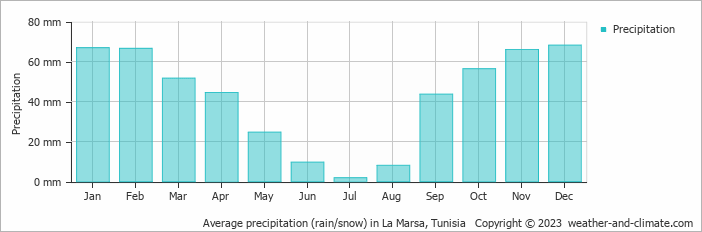Average monthly rainfall, snow, precipitation in La Marsa, Tunisia