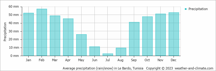Average monthly rainfall, snow, precipitation in Le Bardo, Tunisia