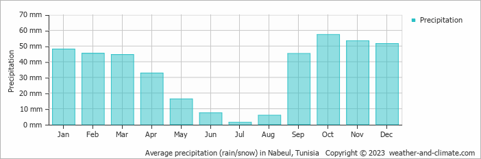 Average monthly rainfall, snow, precipitation in Nabeul, Tunisia