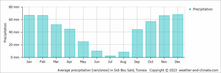 Average monthly rainfall, snow, precipitation in Sidi Bou Saïd, Tunisia