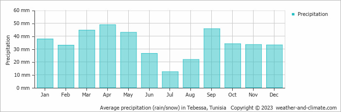 Average monthly rainfall, snow, precipitation in Tebessa, Tunisia
