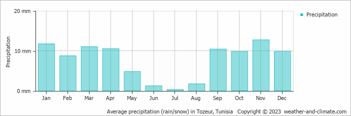 Average monthly rainfall, snow, precipitation in Tozeur, Tunisia