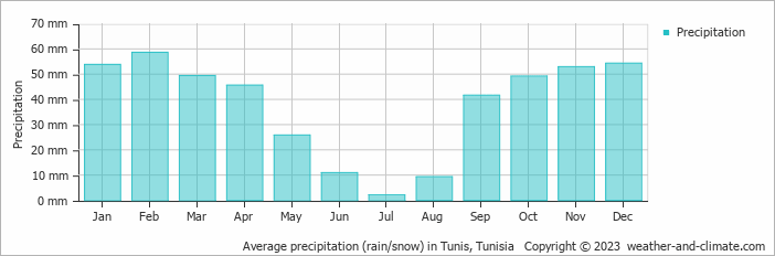 Average monthly rainfall, snow, precipitation in Tunis, Tunisia