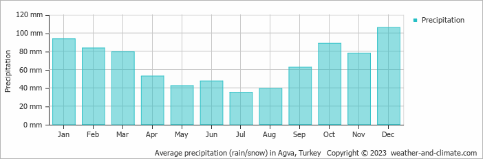 Average monthly rainfall, snow, precipitation in Agva, Turkey