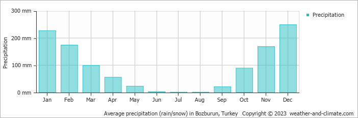 Average monthly rainfall, snow, precipitation in Bozburun, Turkey