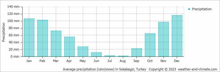 Average monthly rainfall, snow, precipitation in Sokakagzi, Turkey