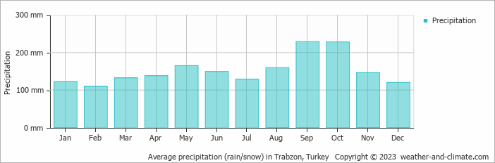 Average monthly rainfall, snow, precipitation in Trabzon, 