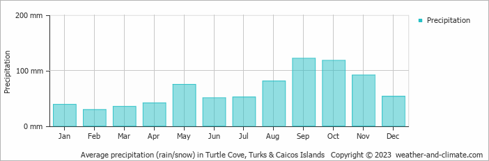 Average monthly rainfall, snow, precipitation in Turtle Cove, 