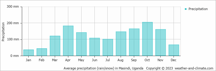 Average monthly rainfall, snow, precipitation in Masindi, Uganda