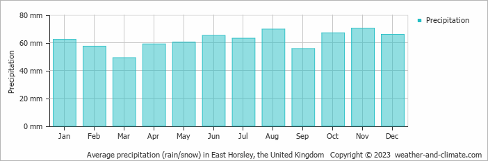 Average monthly rainfall, snow, precipitation in East Horsley, the United Kingdom