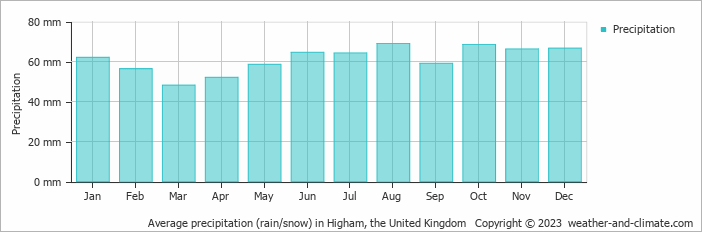 Average monthly rainfall, snow, precipitation in Higham, the United Kingdom