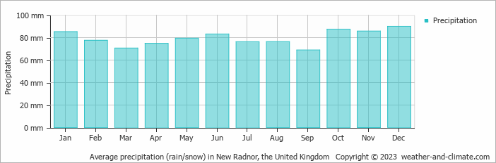 Average monthly rainfall, snow, precipitation in New Radnor, the United Kingdom