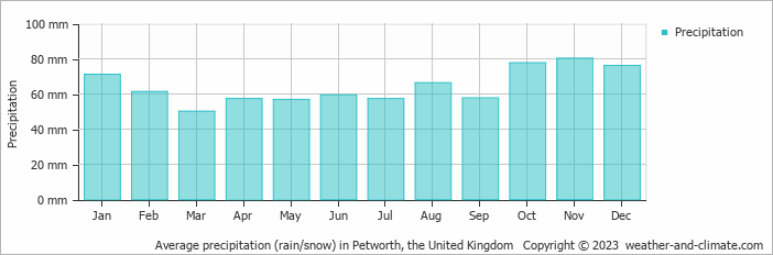 Average monthly rainfall, snow, precipitation in Petworth, the United Kingdom