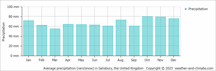 Average monthly rainfall, snow, precipitation in Salisbury, the United Kingdom