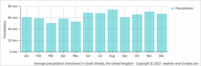 Average monthly rainfall, snow, precipitation in South Shields, the United Kingdom