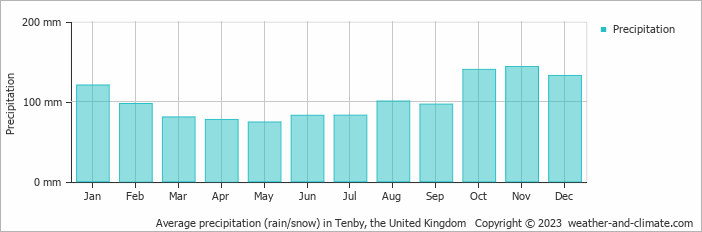 Average monthly rainfall, snow, precipitation in Tenby, 