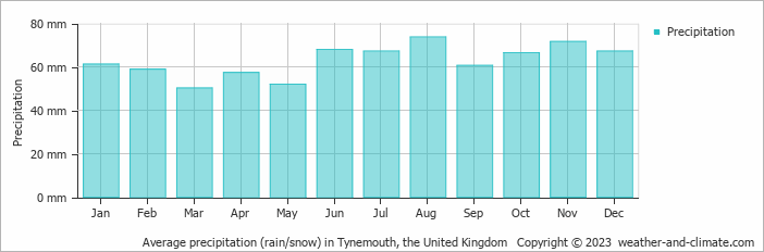 Average monthly rainfall, snow, precipitation in Tynemouth, the United Kingdom
