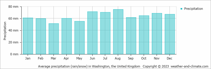Average monthly rainfall, snow, precipitation in Washington, the United Kingdom