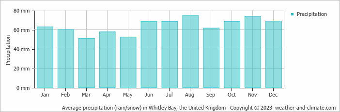 Average monthly rainfall, snow, precipitation in Whitley Bay, the United Kingdom