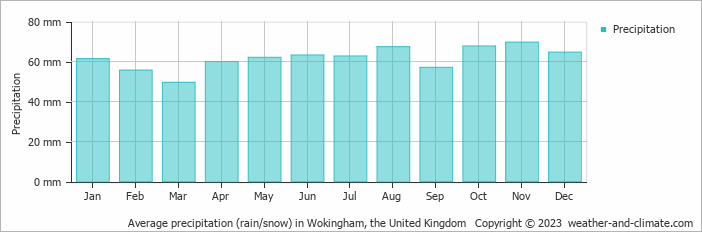 Average monthly rainfall, snow, precipitation in Wokingham, the United Kingdom