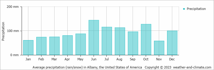 Average monthly rainfall, snow, precipitation in Albany, the United States of America