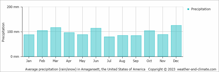 Average monthly rainfall, snow, precipitation in Amagansett, the United States of America