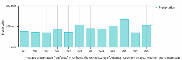 Average monthly rainfall, snow, precipitation in Amherst, the United States of America