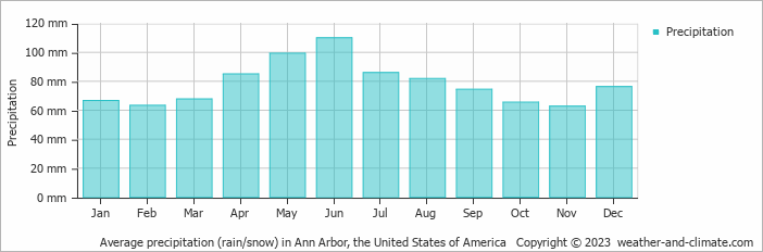 Average monthly rainfall, snow, precipitation in Ann Arbor, the United States of America